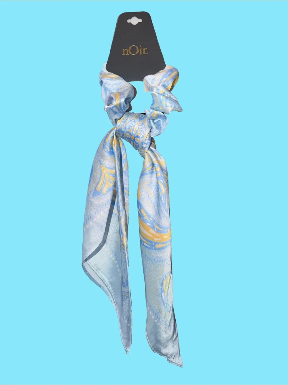 nOir Jewelry Light Blue & Yellow Paisley Satin Scarf Hair Scrunchie